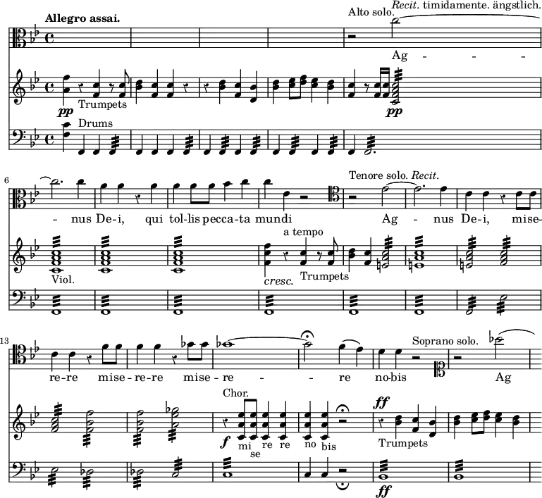 { \time 4/4 \tempo "Allegro assai." \override Score.Rest #'style = #'classical <<
\key bes \major \clef alto \relative c'' { s1 s s s
r2^"Alto solo." c2^\markup { \italic { Recit. } timidamente. ängstlich. } ~ | c2. c4 | a a r a | a a8 a bes4 c | c ees, r2
\clef tenor r2^\markup { Tenore solo. \italic { Recit. } } ees2 ~ ees2. ees4 | c c r c8 c | c4 c r f8 f | f4 f r ges8 ges |
ges1 ~ | ges2\fermata f4( ees) | d d r2^"Soprano solo." | \clef soprano r2 aes''( | s4) }
\addlyrics { Ag -- nus De -- i, qui tol -- lis pec -- ca -- ta mun -- di Ag -- nus De -- i, mi -- se -- re -- re mi -- se -- re -- re mi -- se -- re -- re no -- bis Ag -- }
\new Staff { \key bes \major \relative a' { <a f'>4\pp r_"Trumpets" <c f,> r8 q | <d bes>4 <c f,> q r | r <d bes> <c f,> <bes d,> | <d bes> <ees c>8 <f d> <ees c>4 <d bes> |
<c f,> r8 q16 q <c a f c>2:32\pp | q1:32_"Viol." | q: | q: | <f c f,>4\cresc r\!^"a tempo" <c f,>_"Trumpets" r8 q |
<d bes>4 <c f,> <c a e>2:32 | q1: | q2: <c a f>2: | q: <f bes, f>: | q: <ges ees a,>2: |
r4^"Chor."\f <ees a, c,>8_"mi" q_"se" q4_"re" q_"re" | q_"no" q_"bis" r2\fermata | r4^\ff_"Trumpets" <d bes> <c f,> <bes d,> | <d bes> <ees c>8 <f d> <ees c>4 <d bes> | s4 } }
\new Staff { \clef bass \key bes \major \relative f {
<f c'>4 f,^"Drums" f f4:32 | f f f f: | f f: f f: | f f: f f: |
f f2.: | f1: | f: | f: | f: |
f: | f: f2: | ees': | ees: des: | des: c: |
c1: | c4 c r2_\fermata | bes1:\ff | bes: | s4 } }
>> }