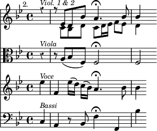 { \override Score.Rest #'style = #'classical
   \key bes \major \time 4/4 \partial 4 \mark \markup \small "2."
  << \clef treble  
     << { r4^\markup { \small \italic "Viol. 1 & 2" } | r8 ees' d' bes' a'4.\fermata bes'8 | bes'4 }
         \\
        { s4 | s8 c' bes d' c' d'16 ees' f'8 ees'8 | d'4 } 
     >>
  \new Staff { \clef alto \key bes \major { r4^\markup { \small \italic "Viola" } | r8 a( bes f) f2\fermata | f } }
  \new Staff { \new Voice = "voce" \clef treble \key bes \major
         { ees''4^\markup { \small \italic "Voce" } | f' ees''16([ d'')] c''([ bes')] a'4.\fermata bes'8 | bes'4 } } 
  \new Lyrics \lyricsto "voce" { thy King com -- eth un -- to thee }
  \new Staff { \clef bass \key bes \major { c4^\markup { \small \italic "Bassi" } | a, r8 bes, f4\fermata f, | bes } }
  >> 
}