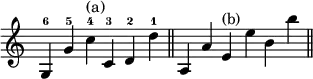 { \override Score.TimeSignature #'stencil = ##f \time 6/4 \relative g { g4^6 g'^5 c^4^"(a)" c,^3 d^2 d'^1 \bar "||" a, a' e^"(b)" e' b b' \bar "||" } }