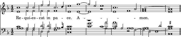 { << \new Staff { \time 4/2 \key f \major <<
\new Voice \relative c'' { \stemUp c1 c2 c | f f c2. d4 | e1 g ^~
g2 e e1 | c1. a2 | a\breve ^~ a \bar "||" }
\new Voice = "Alt" \relative e' { \stemDown e1 f2 f | f f f1 | e e ~
e r e f f\breve e } >> }
\new Lyrics \lyricsto "Alt" { Re -- qui -- es -- cat in pa -- ce. A -- _ _ men. }
\new Staff { \clef bass \key f \major <<
\new Voice \relative c' { \set suggestAccidentals = ##t \stemUp
c1 a2 a | d d a2. b!4 | c\breve
g'1. a2 | a1 a, | a1. d2 | cis\breve }
\new Voice { \stemUp a1 s | a2 a a1 | g\breve
r1 c' ~ | c'2 a a1 | a\breve _~ a }
\new Voice { \stemDown a1 f2 f | d d f1 | c\breve
c'1. a2 | a1 r2 f ~ | f d d1 | a,\breve } >> }
>> }