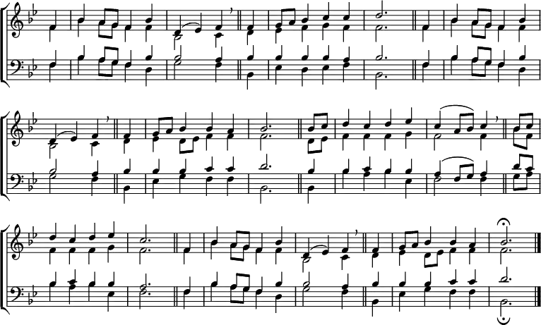 
\new ChoirStaff <<
  \new Staff { \clef treble \time 4/4 \key bes \major \partial 4 \set Staff.midiInstrument = "church organ" \omit Staff.TimeSignature \set Score.tempoHideNote = ##t \override Score.BarNumber  #'transparent = ##t
  \relative c'
  << { f4 | bes a8 g f4 bes | d,( es) f \breathe \bar"||"
       f | g8 a bes4 c c | d2. \bar"||"
       f,4 | bes a8 g f4 bes | \break d,( es) f \breathe \bar"||"
       f | g8 a bes4 bes a | bes2. \bar"||"
       bes8 c | d4 c d es | c( a8 bes) c4 \breathe \bar"||"
       bes8 c | \break d4 c d es | c2. \bar"||"
       f,4 | bes a8 g f4 bes | d,( es) f \breathe \bar"||"
       f | g8 a  bes4 bes a | bes2. \fermata \bar"|." } \\
  { f4 | bes a8 g f4 f | bes,2 c4
    d | es f g f | f2.
    f4 | bes a8 g f4 f | bes,2 c4
    d | es d8 es f4 f | f2.
    d8 es | f4 f f g | f2 f4
    bes8 f | f4 f f g | f2.
    f4 | bes a8 g f4 f | bes,2 c4 
    d | es d8 es f4 f | f2. } >>
  } 
\new Staff { \clef bass \key bes \major \set Staff.midiInstrument = "church organ" \omit Staff.TimeSignature
  \relative c
  << { f4 | bes a8 g f4 bes | bes2 a4
       bes4 | 4 4 4 a | bes2.
       f4 | bes a8 g f4 bes | bes2 a4
       bes | 4 4 c c | d2.
       bes4 | bes c bes bes | a( f8 g) a4
       d8 c | bes4 c bes bes | a2.
       f4 | bes a8 g f4 bes | bes2 a4
       bes | bes bes c c | d2. } \\
  { f,4 | bes a8 g f4 d | g2 f4
    bes, | es d es f | bes,2.
    f'4 | bes a8 g f4 d | g2 f4
    bes, | es g f f | bes,2.
    bes4 | bes' a bes es, | f2 f4
    g8 a | bes4 a bes es, | f2.
    f4 | bes a8 g f4 d | g2 f4 
    bes,4 es g f f | bes,2. \fermata } >>
  } 
>>
\layout { indent = #0 }
\midi { \tempo 4 = 116 }
