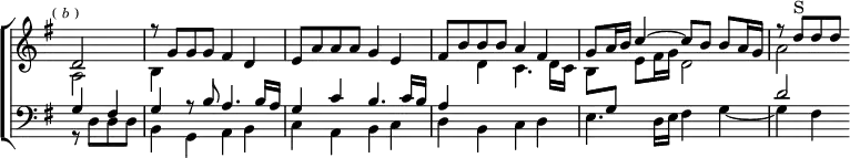 \new ChoirStaff << \override Score.BarNumber #'break-visibility = #'#(#f #f #f) \override Score.TimeSignature #'stencil = ##f
\new Staff = "up" \relative d' { \key g \major \time 4/4 \partial 2 \mark \markup \tiny { (\italic"b") } <<
{ d2 | r8 g g g fis4 d | e8 a a a g4 e | fis8 b b b a4 fis |
g8 a16 b c4 ^~ c8 b b a16 g | r8 d'^"S" d d } \\
{ a,2 | b4 s2. | s1 | s4 d c4. d16 c |
b8 \change Staff = "down" \stemUp g \stemDown \change Staff = "up" e' fis16 g d2 | a' } >> }
\new Staff = "down" \relative g << \clef bass \key g \major
{ g4 fis | g r8 b a4. b16 a | g4 c b4. c16 b |
a4 s2. s1 d2 } \\
{ r8 d, d d | b4 g a b | c a b c | d b c d |
e4. d16 e fis4 g _~ | g fis } >> >>