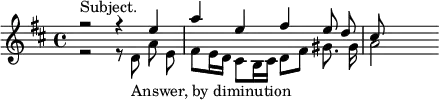 { \relative e'' { \key d \major \time 4/4
<< { r2^"Subject." r4 e | a e fis e8 d\noBeam | cis } \\
   { r2 r8 d,_"Answer, by diminution" a'\noBeam e |
     fis e16 d cis8 b16 cis d8[ fis] gis8. gis16\noBeam | a2 } >> } }