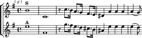 \new ChoirStaff << \override Score.Rest #'style = #'classical
\new Staff \relative b' { \key e \minor \time 4/4 \mark \markup \tiny { (\italic"g") }
b1^\markup \bold "S" c, | r4 c'8. b16 a8. g16 fis8. e16 |
dis4 a' a a | a( g8) }
\new Staff \relative e'' { \key e \minor
e1^\markup \bold "A" fis, | r4 g'8. fis16 e8. d16 cis8. b16 |
ais4 e' e e | e( d8) } >>