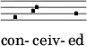 << \override Score.Clef #'stencil = ##f
    \new VaticanaVoice = "cantus" {
      g \[ b\melisma c'\melismaEnd \] a
    }
    \new Lyrics \lyricsto "cantus" {
      con- ceiv-2 ed
    }
  >>