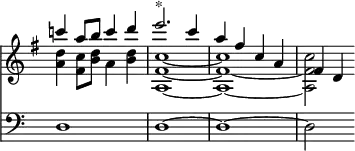 { \override Score.TimeSignature #'stencil = ##f \time 4/4 \key g \major << \relative c''' << { c!4 a8 b c4 d e2.^"*" c4 a fis c a fis d } \\ { <d' a>4 <c fis,>8 <b d> a4 q <c ~ fis, ~ a, ~ >1 <c fis, ~ a, ~ > <c fis, a,> 2 } >>
\new Staff { \clef bass d1 d ~ d ~ d2 } >> }