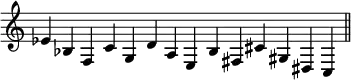 { \relative e' { \override Score.TimeSignature #'stencil = ##f \time 5/4
ees4 bes f c' g \bar ""
d' a e b' fis \bar ""
cis' gis dis c \bar "||" } }