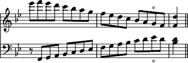 { \override Score.TimeSignature #'stencil = ##f \time 4/4 \key bes \major << \relative e''' { ees8 f ees d c bes a g | f ees d c bes a g^"*" f | <f d'>4 \bar "||" }
\new Staff { \clef bass \key bes \major \relative f, { r8 f g a bes c d ees f g a bes c d ees_"*" d <d bes>4 } } >> }