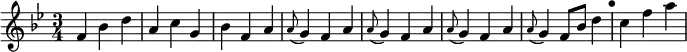 \relative f' { \key bes \major \time 3/4
f4 bes d | a c g | bes f a | \repeat unfold 3 { \appoggiatura a8 g4 f a | } \appoggiatura a8 g4 f8 bes d4 | \mark "•" c f a }