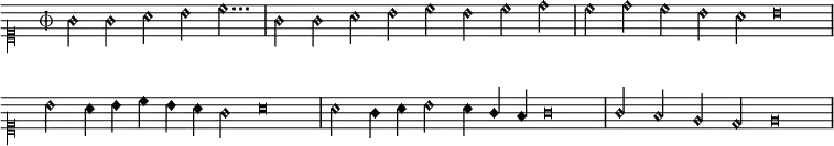 \new Staff \relative {
\clef "mensural-c1"
\override Staff.TimeSignature.style = #'mensural
\time 9/8
\override NoteHead.style = #'harmonic-mixed
\set Timing.measureLength = #(ly:make-moment 47/16)
\override Score.BarNumber.break-visibility = ##(#f #f #f)
\stemDown
g'2 g a b c2...
\set Timing.measureLength = #(ly:make-moment 8/2)
g2 g a b c b c d
\set Timing.measureLength = #(ly:make-moment 9/2)
c d c b a \override NoteHead.style = #'petrucci b\breve
\override NoteHead.style = #'harmonic-mixed
\set Timing.measureLength = #(ly:make-moment 17/4)
b2 a4 b c b a g2 \override NoteHead.style = #'petrucci a\breve
\override NoteHead.style = #'harmonic-mixed
\set Timing.measureLength = #(ly:make-moment 17/4)
a2 g4 a b2 a4 \stemUp g f \override NoteHead.style = #'petrucci g\breve
\override NoteHead.style = #'harmonic-mixed
\set Timing.measureLength = #(ly:make-moment 8/2)
g2 f e d \override NoteHead.style = #'petrucci e\breve
}
