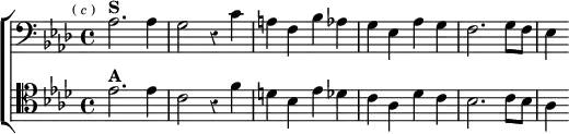 \new ChoirStaff << \override Score.Rest #'style = #'classical
\new Staff \relative a { \clef bass \key aes \major \time 4/4 \mark \markup \tiny { ( \italic c ) }
aes2.^\markup \bold "S" aes4 | g2 r4 c | a f bes aes |
g ees aes g | f2. g8 f | ees4 }
\new Staff \relative e' { \clef tenor \key aes \major
ees2.^\markup \bold "A" ees4 | c2 r4 f | d bes ees des |
c aes des c | bes2. c8 bes | aes4 } >>