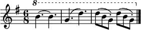 
{ \new Staff <<
  \set Staff.midiInstrument = #"recorder"
  \clef treble \time 6/8 \key g \major
  \relative c''' {
    \set Staff.ottavationMarkups = #ottavation-ordinals
    \ottava #1
    b4. ~ b |
    g (d') |
    d8 (b g-.) d' (b g-.) \bar "|."
  }
>> }

