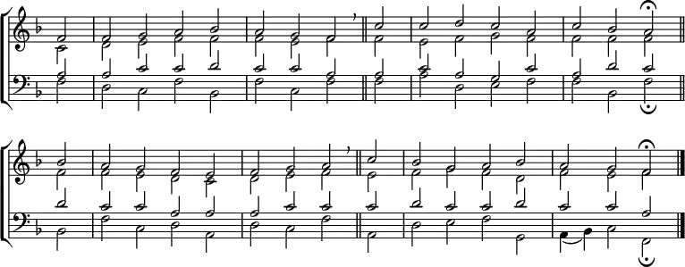 
\new ChoirStaff <<
  \new Staff { \clef treble \time 4/2 \key f \major \partial 2 \set Staff.midiInstrument = "church organ" \omit Staff.TimeSignature \set Score.tempoHideNote = ##t \override Score.BarNumber  #'transparent = ##t 
  \relative c'
  << { f2 | f g a bes | a g f \breathe \bar"||" c' | c d c a | c bes a \fermata \bar"||" \break
     bes | a g f e | f g a \breathe \bar"||" c| bes g a bes | a g f \fermata \bar"|."} \\
  { c2 | d e f f | f e f f | e f g f | f f f 
  f | f e d c | d e f e | f g f d | f e f } >>
  }
\new Staff { \clef bass \key f \major \set Staff.midiInstrument = "church organ" \omit Staff.TimeSignature
  \relative c'
  << { a2 | a c c d | c c a a | c a g c | a d c
     d | c c a a | a c c c |d c c d | c c a } \\
    { f2 | d c f bes, | f' c f f | a d, e f | f bes, f' \fermata
    bes, | f' c d a | d c f a, | d e f g, a4( bes) c2 f, \fermata } >>
  } 
>>
\layout { indent = #0 }
\midi { \tempo 2 = 72 }

