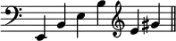 { \override Score.TimeSignature #'stencil = ##f \time 6/4 { \clef bass e, b, e b \clef treble e' gis' \bar "||" } }