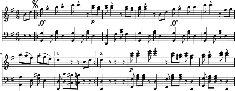 { \override Score.Rest #'style = #'classical \time 6/8 \key g \major \partial 4 << \relative b' { b8 d \mark \markup { \musicglyph #"scripts.segno" } \repeat volta 2 { g8\ff g4-^ b8 b4-^ | d8 d4-^ r8 <a c>\p <g b> | <a c> q4-^ r8 <g b> <fis a> | <g b> q4-^ r8 b, d | g\ff g4-^ b8 b4 | d8 d4-^ r8 fis, g | b( a fis) a( g e) | }
\alternative { { d4 r8 r8 b d } { d4 r8 r4 r8 } }
{ <a' c>8\p q4-^ <c e>8 q4-^ | r8 <a c> <gis b> <a c> <fis a>4 | <g b>8 q4-^ <b d>8 q4-^ | } }
\new Staff { \clef bass \key g \major \relative g { r8 r \repeat volta 2 { <g g,>4 d8 <g b> d4 | <g g,>4 d8 <g b> d4 | <d d,> fis8 <a c> fis4 | <g g,>4 d8 <g b> d4 | <g g,>4 d8 <g b> d4 | <g g,>4 d8 <g b> d4 | <a' a,>4 e8 <g cis> e4 | }
\alternative { { <d d,>8 <d d'>[ <cis cis'> <c c'>] r r } { <d d,>4 r8 r4 r8 } }
{ <fis fis,>8 <fis a c>[ q] r <d d,>4 | <fis fis,>8 <fis a c>[ q] r <d d,>4 | <g g,>8 <b g d>[ q] r <d, d,>4 } } } >> }