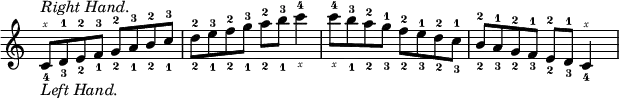 \new Staff << \new Voice << \override NoteColumn.ignore-collision = ##t \relative c' { \autoBeamOff \clef treble^\markup { \italic "Right Hand." } \omit Score.TimeSignature c8[^\rightHandFinger #5 d-1 e-2 f-3] g-2[ a-3 b-2 c-3] d-2[ e-3 f-2 g-3] a-2[ b-3] c4-4 c8-4[ b-3 a-2 g-1] f-2[ e-1 d-2 c-1] b-2[ a-1 g-2 f-1] e-2[ d-1] c4^\rightHandFinger #5 } \new Voice \relative c' { \clef treble_\markup { \italic "Left Hand." }  \hideNotes c8_4 d_3 e_2 f_1 g_2 a_1 b_2 c_1 d_2 e_1 f_2 g_1 a_2 b_1 c4_\rightHandFinger #5 c8_\rightHandFinger #5 b_1 a_2 g_3 f_2 e_3 d_2 c_3 b_2 a_3 g_2 f_3 e_2 d_3 c_4 } >> >>