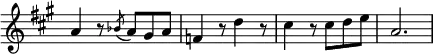 { \relative a' { \key a \major \override Score.TimeSignature #'stencil = ##f \time 6/8
a4 r8 \acciaccatura bes8 a gis a | f4 r8 d'4 r8 |
cis4 r8 cis d e | a,2. } }