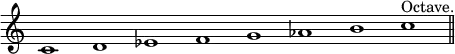 \relative c' {
\omit Staff.TimeSignature
\omit Staff.BarLine
c1 d ees f g aes b c^"Octave." |
\undo \omit Staff.BarLine \bar "||"
}