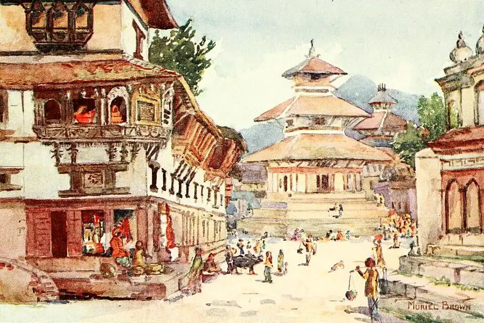 Colour Painting, signed Muriel Brown, of the main street of Katmandu, with a square, three-tiered building at the far end.