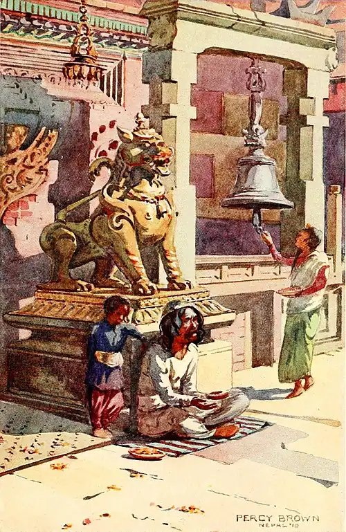 Colour painting of a beggar sitting in front of a golden statue of a lion on a plinth. There is a small child standing behind the beggar. Off to one side, a woman is ringing a large bell suspended from a rectangular arch.