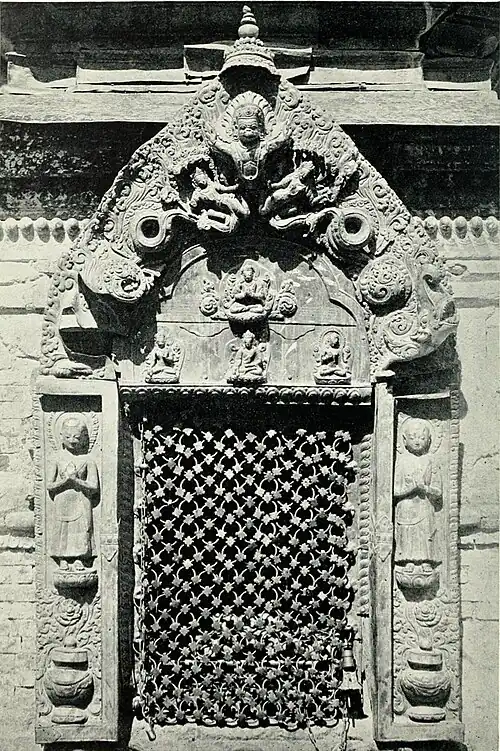 Black and white photograph of a copper-gilt shrine at the temple of Shambu-Nāth.