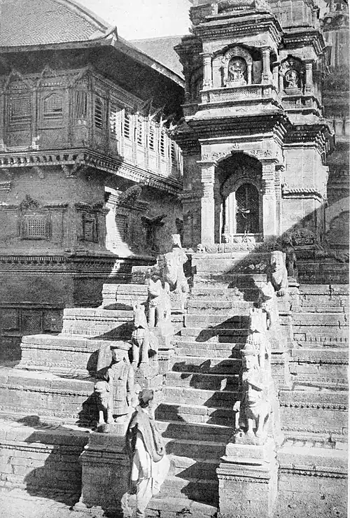 Black and white photograph of stone temple in the Durbar Square at Bhatgaon.