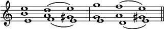 { \override Score.TimeSignature #'stencil = ##f \time 3/1 \key c \major << { e''1 d''^( e'') | g'' f''^( e'') \bar "||" } \\ { b'1 a' gis' | g' a' gis' } \\ { e'1 f'_( e') | e' d'_( e') } >> }