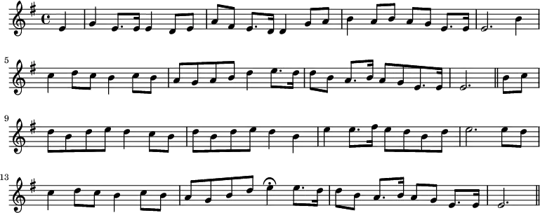 { \set Staff.midiInstrument = #"orchestral harp" \time 4/4 \key g \major \partial 4 \relative e' { e4 | g e8. e16 e4 d8 e | a fis e8. d16 d4 g8 a | b4 a8 b a g e8. e16 | e2. b'4 | c d8 c b4 c8 b | a g a b d4 e8. d16 | d8[ b] a8.[ b16] a8[ g e8. e16] | e2. \bar "||" b'8 c | d b d e d4 c8 b | d b d e d4 b | e4 e8. fis16 e8 d b d | e2. e8 d | c4 d8 c b4 c8 b | a g b d e4\fermata e8. d16 | d8 b a8. b16 a8 g e8. e16 | e2. \bar "||" } }