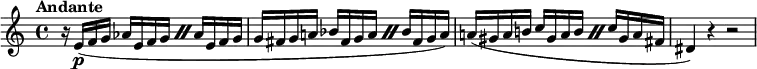 \new staff \with {midiInstrument = "flute"} \relative c'' {
\tempo "Andante"
r16 e,(\p f g \repeat percent 2 {
aes e f g
}
aes e f g
g fis g a! \repeat percent 2 {
bes fis g a
}
bes fis g a)
a!( gis a b! \repeat percent 2 {
c gis a b
}
c gis a fis
dis4) r r2
}