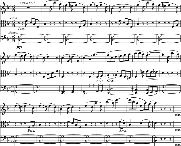 { << \new Staff \relative f'' { \key bes \major \time 6/8 \override Score.Rest #'style = #'classical \override Score.BarNumber #'break-visibility = #'#(#f #f #f)
 R2.^\markup \small \right-align "Cello Solo." |
 f4( d8 bes'4 g8) | f4( e8 f4 c8) | %eol1
 f4( e8 f4 d8) | bes4( c8 d4 c4*1/2) |
 f4( d8 bes'4 g8) | f4( e8 f4 c8) | %eol2
 f4( e8 f4 d8) | bes4( c8 d4) r8 |
 c4( f,8 d'4 f,8) | c'4( a8) f'4. ~ | %eol3
 f8( c d e f g | a bes g) f4.( ~ |
 f4 d8 bes'4 g8) | f4( e8 f4 c8) |%eol4
 f4( e8 f4 d8) | bes4( c8 d4) r8 |
 f4( d8 bes'4 f8) | d'4( bes8) f'4. ~ | %eol5
 f8( d bes f bes) a( | bes4) r8 r4 r8 | s_"etc." }
\new Staff \relative f' { \clef alto \key bes \major
 r8^\markup \small \right-align "Viola."_\markup \small \italic "Pizz." r f d bes f |
 bes4 r8 r4 r8 | r4 r8 r f a | %end line 1
 bes4 r8 r4 r8 | r r f' d bes f | bes4 r8 r4 r8 | r4 r8 r f a | %eol2
 bes4 r8 r4 r8 | r r f bes d f | f,4 r8 r4 r8 |
 r4 f8 r f(_\markup \small \italic "Arco." g) | %eol3
 a4(_\markup \small \italic "Cres." aes8) g f e |
 f4 e'8 f\> e ees\! | d4 r8 r4 r8 |
 r4 r8 r f,8_\markup \small \italic "Pizz." a | %eol4
 bes4 r8 r4 r8 | r r f' d bes f | bes4 r8 r4 r8 |
 r4 r8 r f'(_\markup \small \italic "Arco." d) | %eol 5
 bes4. d4( ees8) | d4 r8 r4 r8 | s_"etc." }
\new Staff \relative b, { \clef bass \key bes \major
 <bes f'>2.\pp^\markup \small \right-align "Basso." ~ |
 \repeat unfold 7 { q ~ } q | <f a>4. <g bes>4*3/2 |
 << { a4 r8 r a( bes) } \\ { f2. } >> | %eol3
 <f c'>2. ~ q4. q8( g a) |
 \repeat unfold 7 { <bes f'>2. ~ } | q4 r8 r4 r8 | s_"etc." } >> }