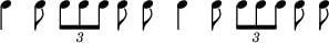 { \override Score.TimeSignature #'stencil = ##f \time 7/8 \new RhythmicStaff \stopStaff \stemDown \autoBeamOff { c4 c8 \times 2/3 { c8[ c c] } c c | c4 c8 \times 2/3 { c[ c c] } c c } }