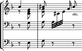 { \override Score.TimeSignature #'stencil = ##f \new StaffGroup \time 3/4 \partial 4 << \new Staff = "up" { \key d \minor \relative c'' << { c4 | cis8 s16. a32 cis8_\markup { \smaller etc. } } \\ \relative g' { r8 <g e c> | <a e> \change Staff = "down" a,32[ \change Staff = "up" cis e] } >> }
\new Staff = "down" { \clef bass \key d \minor \relative g { r8 g a s r } }
\new Staff = "pedal" { \clef bass \key d \minor \relative e { r8 e | g r r } } >> }