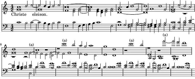 << \new Staff { \time 4/2
<< \new Voice { \stemUp c''1 d''2 e'' ~ e'' d''4 c'' d''2 e'' | c''\breve ~ c'' | b'2. c''4 d''1 ~ d'' d'' | c''2 e''_( d'' c'') | d''1 g' c'' r | r2 c'''1^"(a)" b''2 | a'' g'' a''1 | g'' d'' | r2 c'''1^"(a)" b''2 | r1 r2 f'''^"(a)" ~ | f''' e''' d'''1 }
\new Voice = "voiceTwo" { \stemDown g'\breve g' | f'1 <g' e'>2 <f' a'> ~ | q <g' e'>4 <f' d'> <e' g'>2 <f' a'> | d'\breve _~ d' | e'1 r r r2 g'^"(a)" ~ g' f' e' d' s\breve s s s e'1 c' c' d' }
\new Voice { \stemUp s\breve s s s g'1 s2 g' | g' a'1 g'2 | g'\breve g' s1 \stemDown s2 g'2 ~ g' f' g'1 f'2 e'1 d'2 e'1 d' s\breve \stemUp a2 g a1 g\breve }
>> }
\new Lyrics = "voiceTwo"
\context Lyrics = "voiceTwo" {
\lyricsto "voiceTwo" { Christe eleison. }
}
\new Staff { \clef bass << \new Voice { \stemDown c'1 b2 c' ~ c' b4 a b2 c' | f1 c'2 f4 g | a b c'1 f2 | g1 fis2 g ~ g fis4 e fis2 g | c'1 g2 c2 | g1 s2 c2 c' a'1 g' | a' g' | a'2 e' f'1 | c' g' | a' g' | a'2 e' f'1 | c' g' }
\new Voice { \stemUp s\breve s s s r2 g a b ~ b a4 g a2 b <c e> <c c'> <b d'> <c' e'> ~ | q <b d'>4 <a c'> <b d'>2 <c' e'> | c' c'1 b2 | c'1 e'2 d' | c' b a2. b4 | c'2 c'1 d'2 | <c' e'> c' e' d' | c' b a2. b4 c'2 c'1 b2 } >> } >>