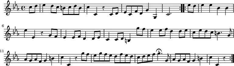 { \relative c'' { \key c \minor \time 4/4 \partial 4 \override Score.Rest #'style = #'classical
\repeat volta 2 {
c8 d | ees4 d8 c b c d b | c4 c, r c8 d |
ees c f d g4 g, | c2. }
\repeat volta 2 {
ees'8 d | ees4 ees bes bes | ees ees, r g8 f | %end line 2
ees4 ees8 f d4 d8 ees | c4 c8 d b4 g''8 f | ees4 ees8 f d4 d8 ees |
c ees d c b4. g8 | aes g aes f g4 b | c c, r g''8 f |
ees g f ees d f ees d | c d ees f g4.\fermata g,8 |
aes g aes f g4 b | c c, r } } }