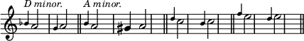 { \override Score.TimeSignature #'stencil = ##f \time 2/4 \relative a' { \grace bes4^\markup { \smaller \italic "D minor." } a2 | \grace g4 a2 \bar "||" \grace b4^\markup { \smaller \italic "A minor." } a2 | gis4 a2 \bar "||" \grace d4 c2 | \grace b4 c2 \bar "||" \grace f4 e2 | \grace d4 e2 \bar "||" } }