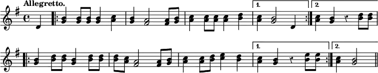 { \relative d' { \key g \major \time 4/4 \tempo "Allegretto." \partial 4 \override Score.Rest #'style = #'classical \override Score.BarNumber #'break-visibility = #'#(#f #f #f)
d4 \repeat volta 2 {
<g b>4 q8 q q4 <a c> | <b g> <a fis>2 q8 <g b> | %eol1
<c a>4 q8 q q4 <d b>4 }
\alternative {
{ <c a>4 <b g>2 d,4 }
{ <a' c>4 <g b> r <b d>8 q } }
\repeat volta 2 {
<b g>4 <b d>8 q <b g>4 <b d>8 q | q <c a> <a fis>2 q8 <b g> |
<c a>4 q8 <d b> <e c>4 <d b> }
\alternative {
{ <c a>4 <b g> r <e b>8 q }
{ <c a>4 <b g>2 \bar "||" } } } }