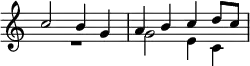 \relative c'' { \key c \major \time 2/2 \override Score.TimeSignature #'stencil = ##f << { c2 b4 g | a b c d8 c } \\ { R1 g2 e4 c } >> }