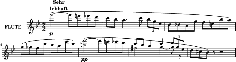 
\new Staff \with {
  instrumentName = "FLUTE."
  midiInstrument = "flute"
} \relative c'' {
  \key bes \major
  \numericTimeSignature
  \time 2/2
  f'2~(\p^\markup \center-column {\bold "Sehr" \bold "lebhaft"} f8 e ees d
  \autoBeamOff
  c[ bes] a4. c8 \tuplet 3/2 {bes[ g ees]}
  \autoBeamOn
  d des c g' f e bes' a)
  g( ges f c' bes a ees' c)
  <b f'>2~(\pp f'8 e ees d
  << {c bes a4 c \tuplet 3/2 {d8 g, ees}} \\ {fis2 g4~ g8 r} >>
  d cis bes) r r2
}
\layout {
  indent = 2\cm
}
