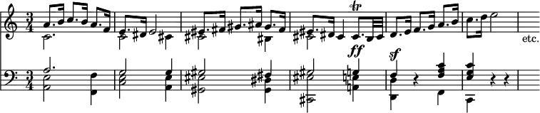 { << \new Staff << \time 3/4
\new Voice \relative a' { \stemUp
a8. b16 c8. b16 a8. f16 | e8. dis16 e2 |
eis8. fis16 gis8. ais16 gis8. fis16 | %end line 1
eis8. dis16 cis4 cis8.\trill b32 cis |
d8. e16 f8. g16 a8. b16 }
\new Voice \relative c' { \stemDown
c2. | c2 cis4 | cis2 bis4 | %end line 1
cis2 s4 | s2. c'8. d16 e2 | s8_"etc." } >>
\new Staff << \clef bass
\new Voice \relative a { \stemUp
a2. | g2 g4 | gis2 fis4 |
gis2 g!4^\ff | f^\sf r <f a c> | <e g c> r r | s8 }
\new Voice \relative a, { \stemDown
<a e'>2 <f f'>4 | <c' e>2 <a e'>4 | <gis eis'>2 <gis dis'>4 |
<cis, eis'>2 <a'! e'!>4 | <d, d'> s f | c } >> >> }
