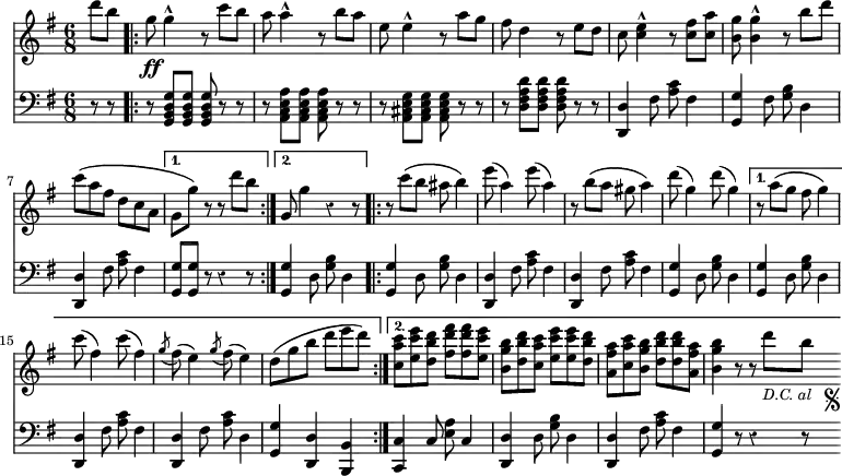 { \override Score.Rest #'style = #'classical \time 6/8 \key g \major \partial 4 << \relative d''' { d8 b \mark \markup { \musicglyph #"scripts.dalsegno" } \repeat volta 2 { g\ff g4-^ r8 c b | a a4-^ r8 b a | e e4-^ r8 a g | fis d4 r8 e d | c <c e>4-^ r8 <c fis> <c a'> | <b g'> <b g'>4-^ r8 b' d | c\( a fis d c a | }
\alternative { { g g'\) r r d' b } { g, g'4 r r8 } }
\repeat volta 2 { r8 c\( b ais b4\) | e8( a,4) e'8( a,4) | r8 b\( a gis a4\) | d8( g,4) d'8( g,4) | }
\alternative { { r8 a\( g fis g4\) | c8( fis,4) c'8( fis,4) | \acciaccatura g8 fis8( e4) \acciaccatura g8 fis8( e4) | d8\( g b d e d\) }
{ <c a c,>8 <e c e,> <d b d,> <fis d fis,> q <e c e,> | <b g b,> <d b d,> <c a c,> <e c e,> q <d b d,> | <a fis a,> <c a c,> <b g b,> <d b d,> q <a fis a,> | <b g b,>4 r8 r d_\markup { \smaller \italic "D.C. al  " \musicglyph #"scripts.segno" }  b \bar ".|." } } }
\new Staff { \clef bass \key g \major \relative g, { r8 r \repeat volta 2 { r <g b d g> q q r r | r <a c e a> q q r r | r <a cis e g> q q r r | r <d fis a d> q q r r | <d d,>4 fis8 <a c> fis4 | <g g,> fis8 <g b> d4 | <d d,> fis8 <a c> fis4 | }
\alternative { { <g g,>8 q r r4 r8 } { <g g,>4 d8 <g b> d4 } }
\repeat volta 2 { <g g,>4 d8 <g b> d4 | <d d,> fis8 <a c> fis4 | <d d,> fis8 <a c> fis4 | <g g,> d8 <g b> d4 | }
\alternative { { <g g,> d8 <g b> d4 | <d d,> fis8 <a c> fis4 | <d d,> fis8 <a c> d,4 | <g g,> <d d,> <b b,> }
{ <c c,>4 c8 <e a> c4 | <d d,> d8 <g b> d4 | <d d,> fis8 <a c> fis4 | <g g,> r8 r4 r8 } }
} } >> }