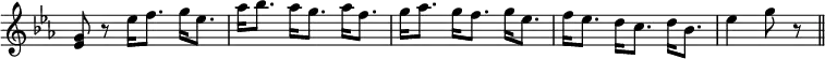 { \override Score.TimeSignature #'stencil = ##f \time 3/4 \key ees \major \relative g' {
  <g ees>8 r ees'16 f8. g16 ees8. |
  aes16 bes8. aes16 g8. aes16 f8. |
  g16 aes8. g16 f8. g16 ees8. |
  f16 ees8. d16 c8. d16 bes8. | ees4 g8 r \bar "||" } }