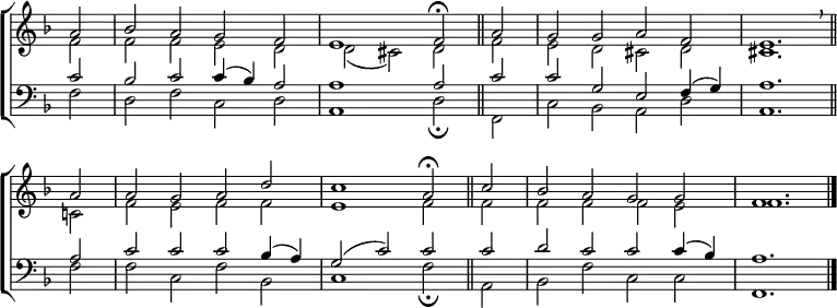 \new ChoirStaff <<
\new Staff { \clef treble \time 4/2 \key f \major \partial 2 \set Staff.midiInstrument = "church organ" \omit Staff.TimeSignature \set Score.tempoHideNote = ##t \override Score.BarNumber #'transparent = ##t
\relative c''
<< { a2 | bes a g f | e1 f2 \fermata \bar"||" a | g g a f | e1. \breathe \bar"||" \break
a2 | a g a d | c1 a2 \fermata \bar"||" c | bes a g g | f1. \bar"|." } \\
{ f2 | f f e d | d( cis) d f | e d cis d | cis1.
c!2 f e f f | e1 f2 f | f f f e | f1. } >>
}
\new Staff { \clef bass \key f \major \set Staff.midiInstrument = "church organ" \omit Staff.TimeSignature
\relative c'
<< { c2 | bes c c4( bes) a2 | a1 a2 c | c g e f4( g) | a1.
a2 | c c c bes4( a) | g2( c) c c | d c c c4( bes) | a1. } \\
{ f2 | d f c d | a1 d2 \fermata f, | c' bes a d | a1.
f'2 | f c f bes, | c1 f2 \fermata a, | bes f' c c | f,1. } >>
}
>>
\layout { indent = #0 }
\midi { \tempo 2 = 56 }