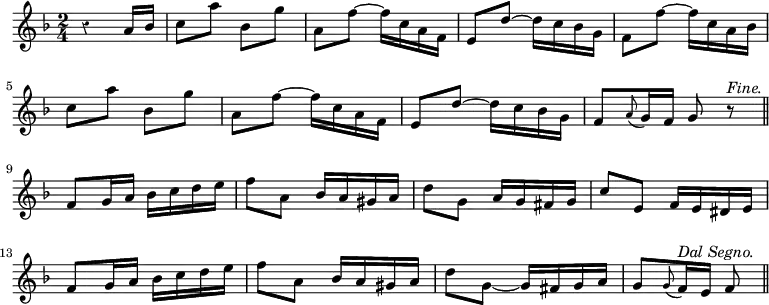 \relative a' { \override Score.Rest #'style = #'classical \time 2/4 \key f \major \partial 4.
r4 a16 bes | c8 a' bes, g' | a, f' ~ f16 c a f | e8 d' ~ d16 c bes g
f8 f' ~ f16 c a bes | c8 a' bes, g' | a, f' ~ f16 c a f |
e8 d' ~ d16 c bes g | f8 \appoggiatura a g16 f g8 r^\markup \italic "Fine." \bar "||" \break
f8 g16 a bes c d e | f8 a, bes16 a gis a | d8 g, a16 g fis g |
c8 e, f16 e dis e | f8 g16 a bes c d e | f8 a, bes16 a gis a |
d8 g, ~ g16 fis g a | g8 \appoggiatura g f16^\markup \italic "Dal Segno." e f8 \bar "||" }