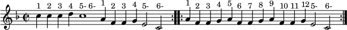 { \key f \major \time 2/2 \relative c'' {
\repeat volta 2 { \cadenzaOn
  c4^"1" c^"2" c^"3" d^"4" c1^"5- 6-" a4^"1" f^"2" f^"3" g^"4" e2^"5-" c^"6-" \cadenzaOff }
\repeat volta 2 { \cadenzaOn
  a'4^"1" f^"2" f^"3" g^"4" a^"5" f^"6" f^"7" g^"8" a^"9" f^"10" f^"11" g^"12" e2^"5-" c^"6-" \cadenzaOff } } }