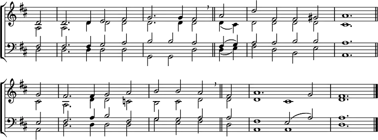 
\new ChoirStaff <<
  \new Staff { \clef treble \time 4/2 \key d \major \partial 2 \set Staff.midiInstrument = "church organ" \omit Staff.TimeSignature \set Score.tempoHideNote = ##t \override Score.BarNumber  #'transparent = ##t
  \relative c'
  << { d2 | 2. 4 e2 fis | g2. 4 fis2 \breathe \bar"||"
       a | d fis, fis gis | a1. \bar"||" \break
       g2 | fis2. 4 g2 a | b b a \breathe \bar"||"
       fis a1. g2 | fis1. \bar"|." } \\
  { a,2 | a2. d4 2 2 | 2. 4 2 4( cis) | d2 d d d | cis1.
    2 | a2. d4 2 c | b cis d d | d1 cis | d1. } >>
  } 
\new Staff { \clef bass \key d \major \set Staff.midiInstrument = "church organ" \omit Staff.TimeSignature
  \relative c
  << { fis2 | 2. 4 g2 a | b b a fis4( g) | a2 a b b | a1.
       e2 | fis2. a4 b2 fis | g g a a | fis1 e2( a) | a1. } \\
  { d,2 | 2. 4 2 2 | g, g d' d4( e) | fis2 d b e | a,1.
    a2 | d2. 4 2 2 | g e fis d | a1 a | d1. } >>
  } 
>>
\layout { indent = #0 }
\midi { \tempo 2 = 58 }

