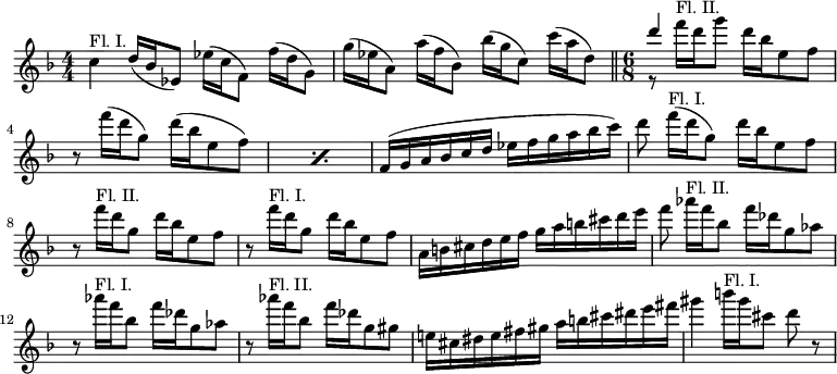 
\new Staff \with {midiInstrument = "flute"} \relative c'' {
  \key f \major
  \numericTimeSignature
  c4^"Fl. I." d16( bes ees,8) ees'16( c f,8) f'16( d g,8)
  g'16( ees a,8) a'16( f bes,8) bes'16( g c,8) c'16( a d,8) \bar "||"
  \time 6/8
  \autoBeamOff
  << {d'4 s8} \\ {r8 f16[^"Fl. II." d g8]} >> d16[ bes e,8 f]
  \autoBeamOn
  \repeat percent 2 {r8 f'16( d g,8) d'16( bes e,8 f)}
  f,16( g a bes c d ees f g a bes c)
  \autoBeamOff
  d8 f16([^"Fl. I." d g,8)] d'16[ bes e,8 f]
  \autoBeamOn
  r f'16^"Fl. II." d g,8 d'16 bes e,8 f
  r f'16^"Fl. I." d g,8 d'16 bes e,8 f
  a,16 b cis d e f g a b cis d e
  \autoBeamOff
  f8 aes16[^"Fl. II." f bes,8] f'16[ des g,8 aes]
  \autoBeamOn
  r aes'16^"Fl. I." f bes,8 f'16 des g,8 aes
  r aes'16^"Fl. II." f bes,8 f'16 des g,8 gis
  e!16 cis dis e fis gis a b cis dis e fis
  \autoBeamOff
  gis4 b16[^"Fl. I." gis cis,8] d r
}

