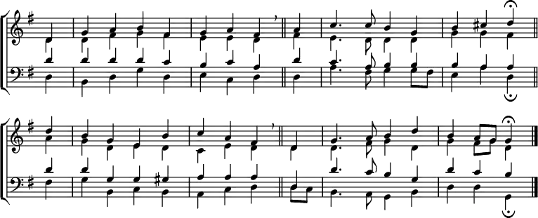 
\new ChoirStaff <<
  \new Staff { \clef treble \time 4/4 \key g \major \partial 4 \set Staff.midiInstrument = "church organ" \omit Staff.TimeSignature \set Score.tempoHideNote = ##t \override Score.BarNumber  #'transparent = ##t
  \relative c'
  << { d4 | g a b fis | g a fis \breathe \bar"||" 
       a | c4. 8 b4 g | b cis d \fermata \bar"||" \break
       d | b g e b' | c a fis \breathe \bar"||"
       d | g4. a8 b4 d | b a8 g g4 \fermata \bar"|." } \\
  { d4 | d fis g fis | e e d fis | e4. d8 4 4 | g g fis
    a | g d e d | c e d d | d4. fis8 g4 d | g fis8 g d4 } >>
  }
\new Staff { \clef bass \key g \major \set Staff.midiInstrument = "church organ" \omit Staff.TimeSignature 
  \relative c'
  << { d4 | d d d c | b c a d | c4. a8 b4 b | b a a
       d | d g, g gis | a a a d, | d'4. c8 b4 g | d' c b } \\
  { d,4 | b d g d | e c d d | a'4. fis8 g4 8 fis | e4 a d, \fermata
    fis | g b, c b | a c d d8 c | b4. a8 g4 b | d d g, \fermata } >>
  } 
>>
\layout { indent = #0 }
\midi { \tempo 4 = 104 }
