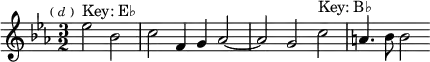 \relative e'' { \key ees \major \time 3/2 \partial 1 \mark \markup \tiny { ( \italic d ) } ees2^"Key: E♭" bes | c f,4 g aes2 ~ | aes g c^"Key: B♭" a4. bes8 bes2 }