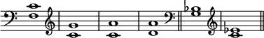 { \override Score.TimeSignature #'stencil = ##f \clef bass
<f c'>1 \clef treble <c' g'> <c' a'> <d' a'> \bar "||" \clef bass <g bes> \clef treble <c' ees'> \bar "||" }