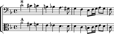 \new ChoirStaff <<
\new Staff \relative d' { \clef bass \key d \minor \time 4/4
d2^\markup \bold "S" cis4 c | b bes a4. gis8 |
g4 f e8 f16 g a8 g | f }
\new Staff \relative a' { \clef alto \key d \minor
a2^\markup \bold "A" fis4 f | e ees d4. d8 |
d4 c b8 c16 d e8 d | c } >>